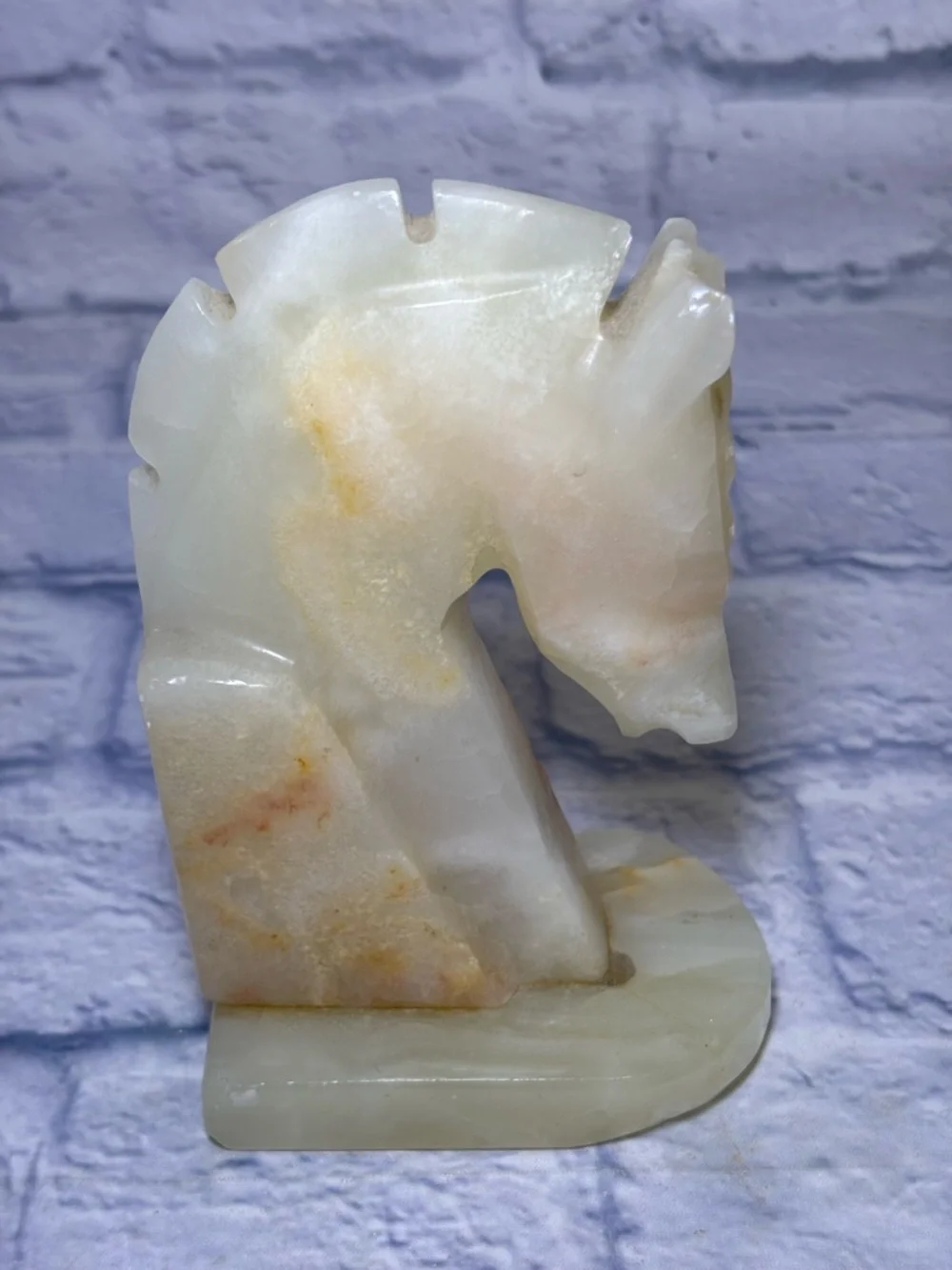 Vintage Hand-Carved Onyx Stone Trojan Horse Head Bookends MCM Art Deco